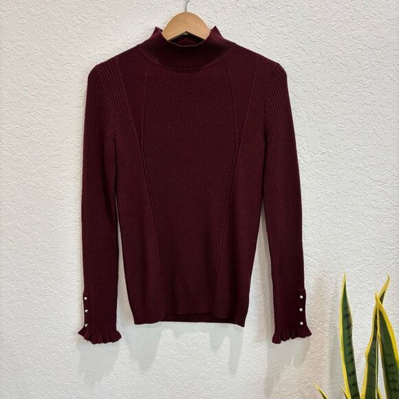 Gerard Darel Red Maroon Mock Neck Merino Wool Ribbed Sweater Pearl Detail Size 2 - Picture 1 of 4